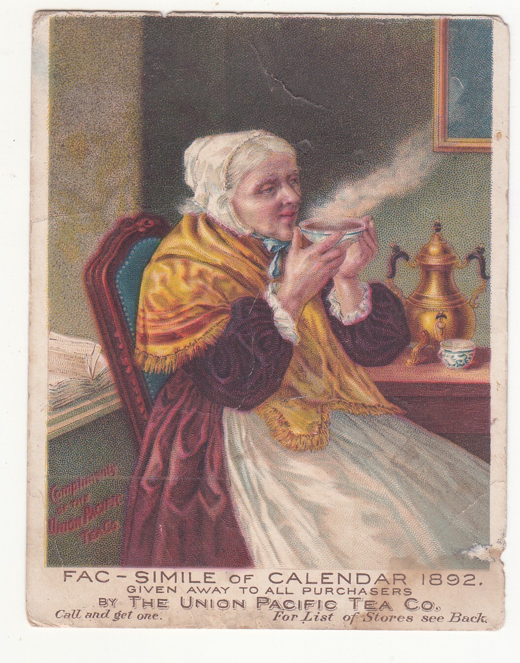 Union Pacific Tea Co 1892 Calendar Grandma Blowing Cup Vict Card c1880s