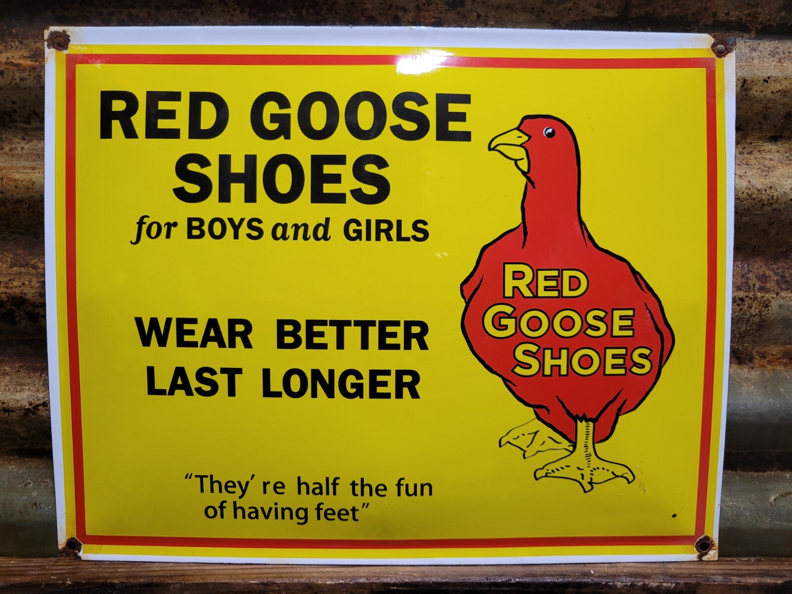 VINTAGE RED GOOSE PORCELAIN SIGN OLD BOY GIRLS SHOES FOOTWEAR CLOTHING BOOTS 17″