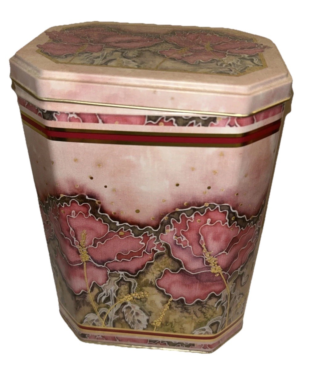 Vintage England Octagon Metal Biscuit Tin Pink Floral Poppy 7” Cookie Canister