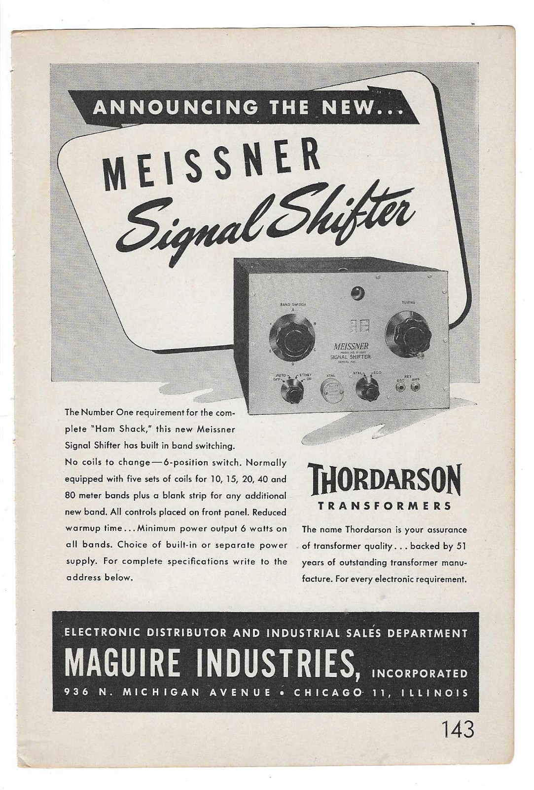 Meissner Signal Shifter, Thordarson Transformers, Maguire Industries 1947 Ad