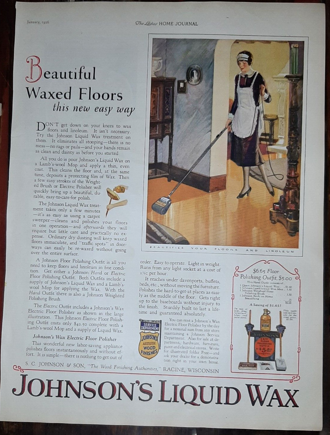 1926 Johnson’s Vintage Print Ad Floor Wax Liquid Polish Housekeeper Racine WI