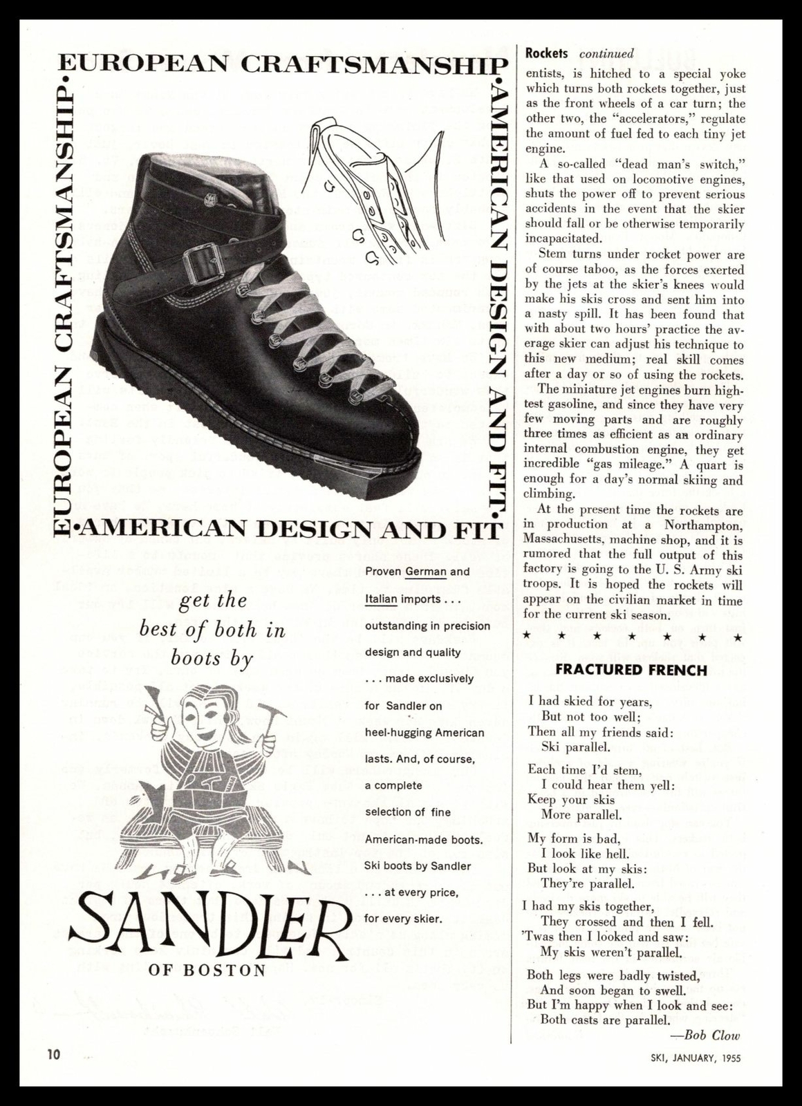 1954 Sandler Of Boston German Italian Ski Boots European Craftsmanship Print Ad