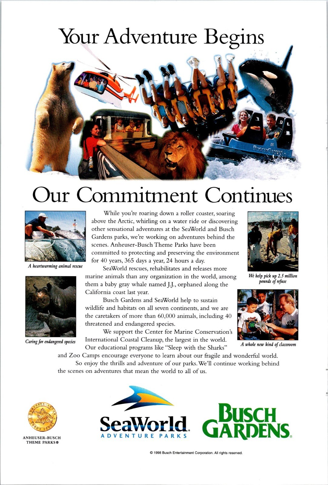 Sea World Busch Gardens Our Commitment Continues Vintage Print Ad 1998