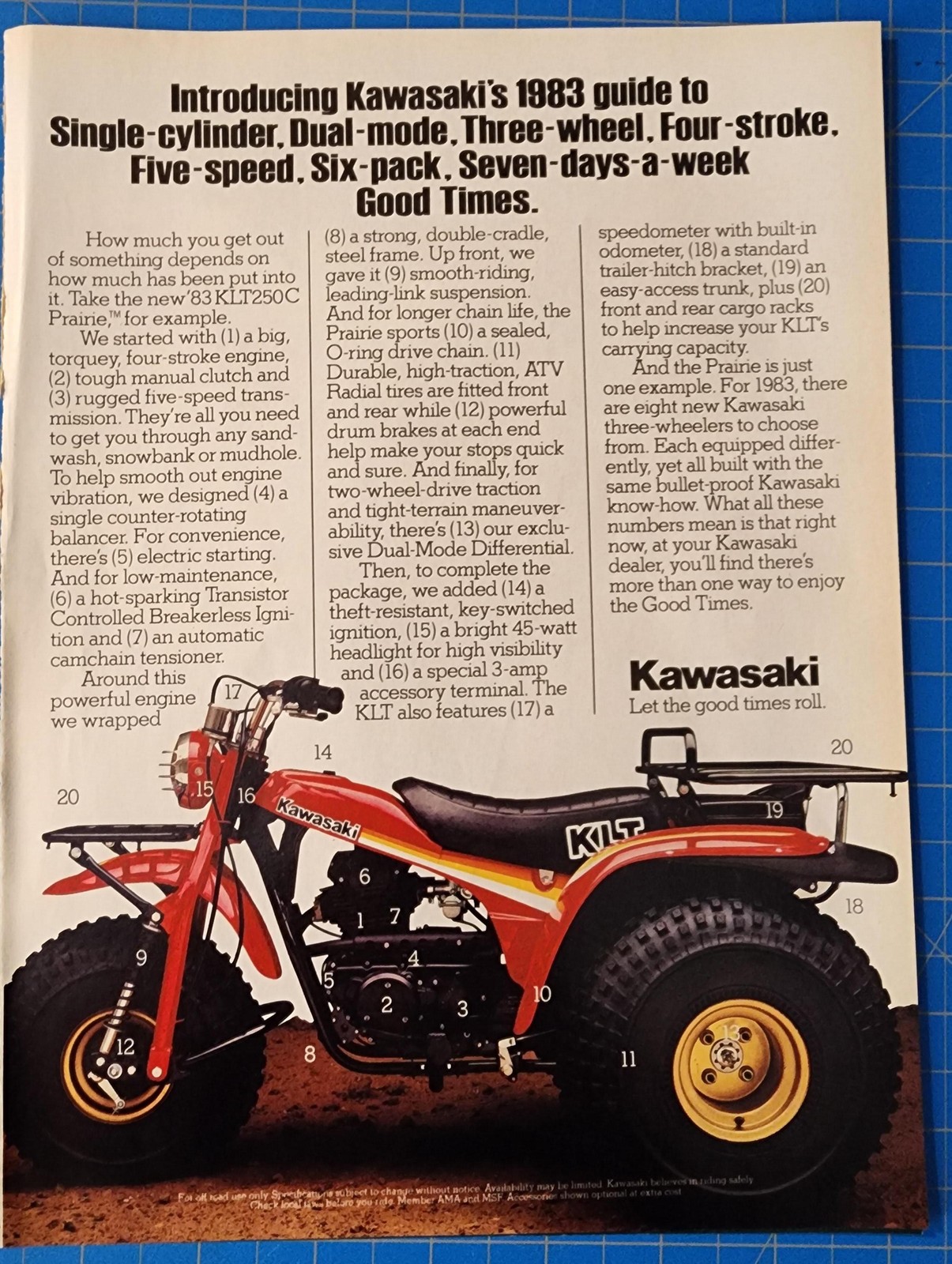 1983 Vintage Print Ad Introduciing Kawasaki’s guide KLT250C Prairie Good Times