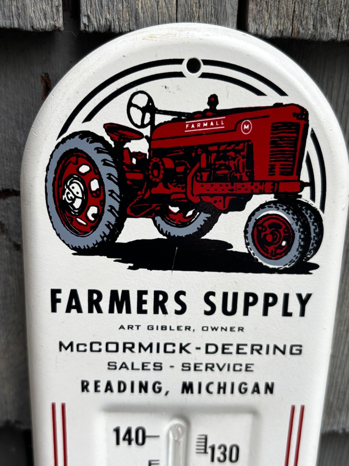 1940s McCORMICK-DEERING TRACTORS ~ READING MI Metal Thermometer IH FARMALL Sign