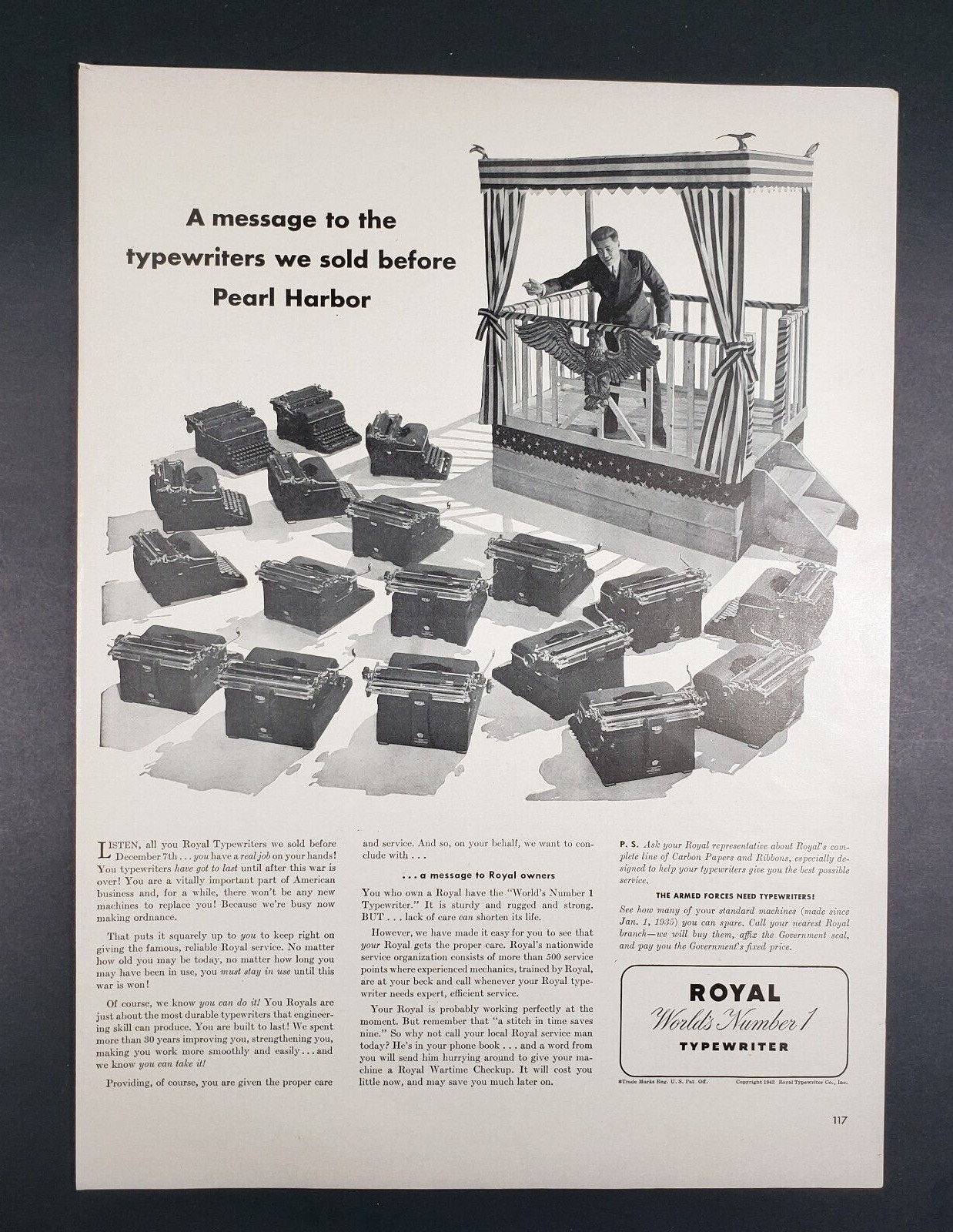 1942 Print Ad Royal Typewriter Co Man Standing On Stage Speaking To Typewriters