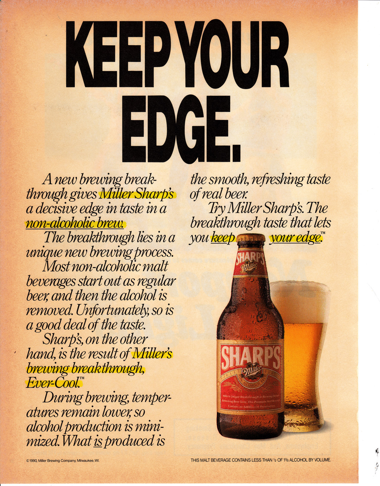1990 Miller Sharp’s Non-Alcoholic Brew Advertisement