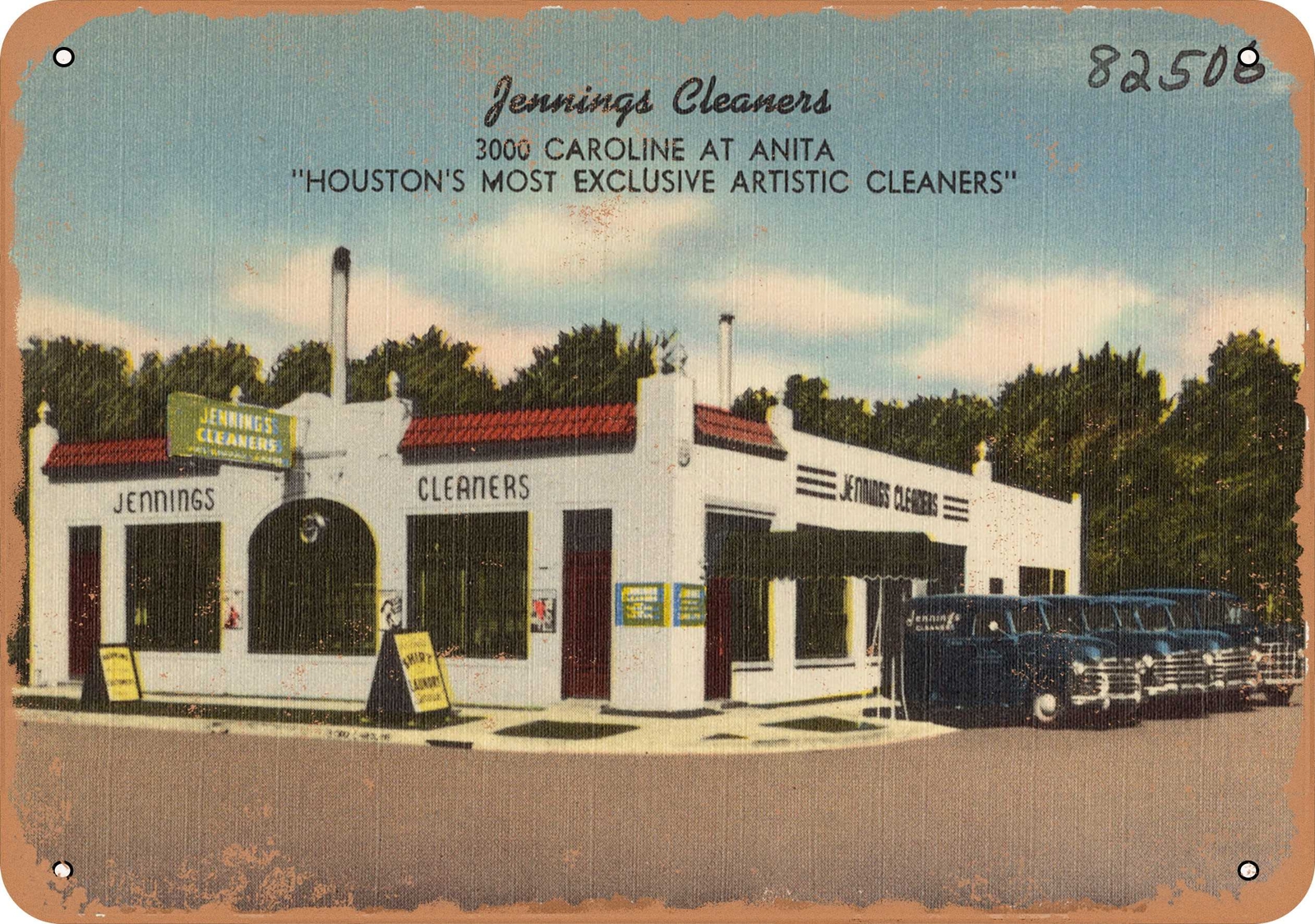 METAL SIGN – Texas Postcard – Jennings Cleaners, 3000 Caroline at Anita, .