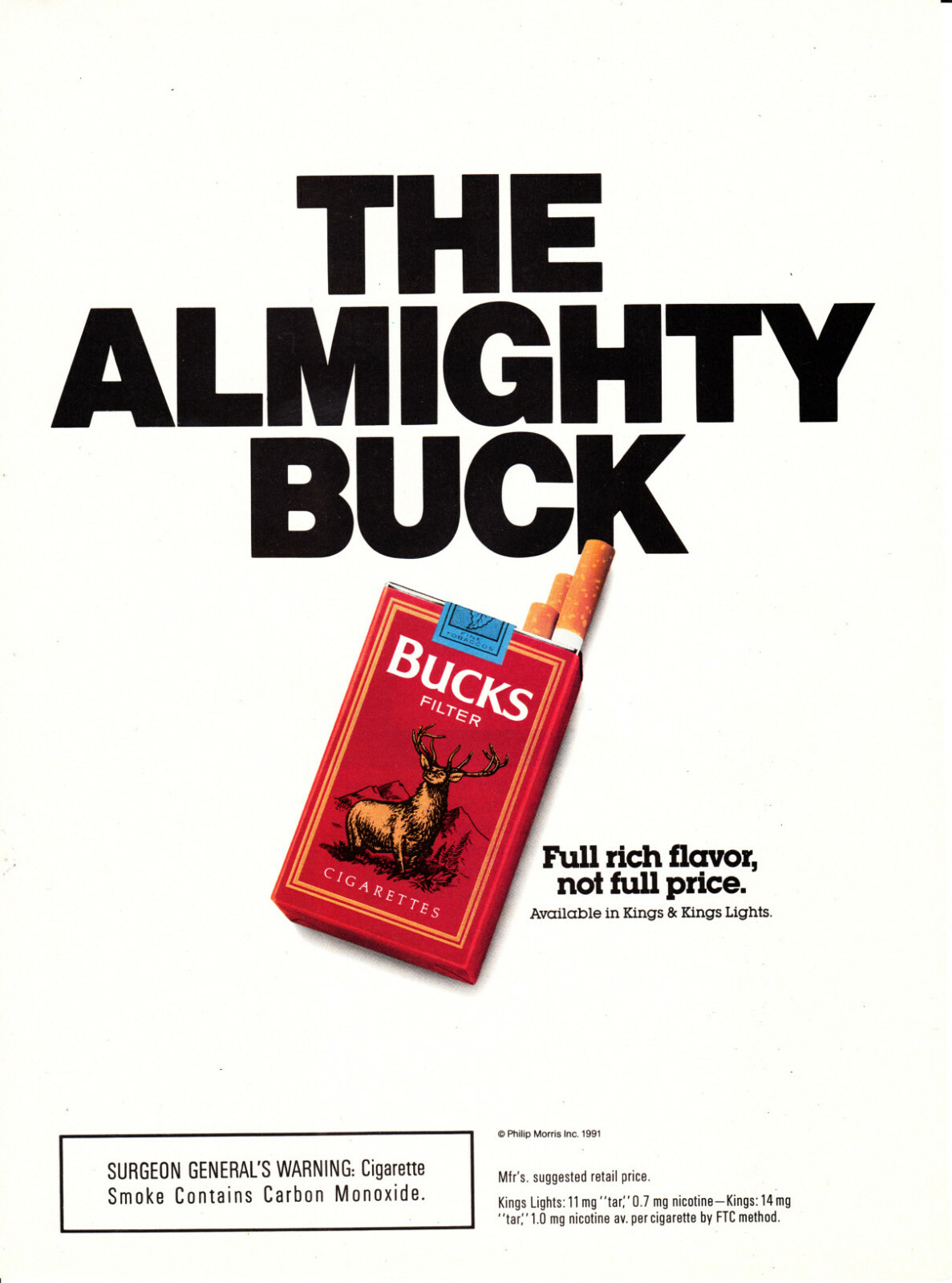 BUCKS CIGARETTE AD #3 RARE 1991 VINTAGE OUT OF PRINT THE ALMIGHTY BUCK