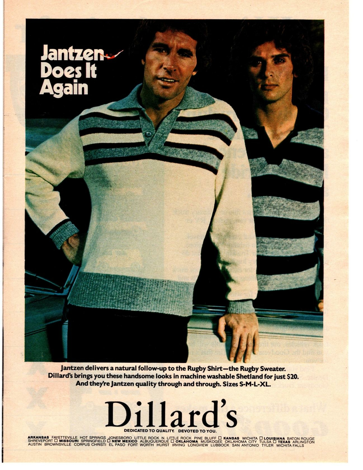 1976 Jantzen Rugby Shirt Shetland Sweater Dillard’s Department Stores Print Ad