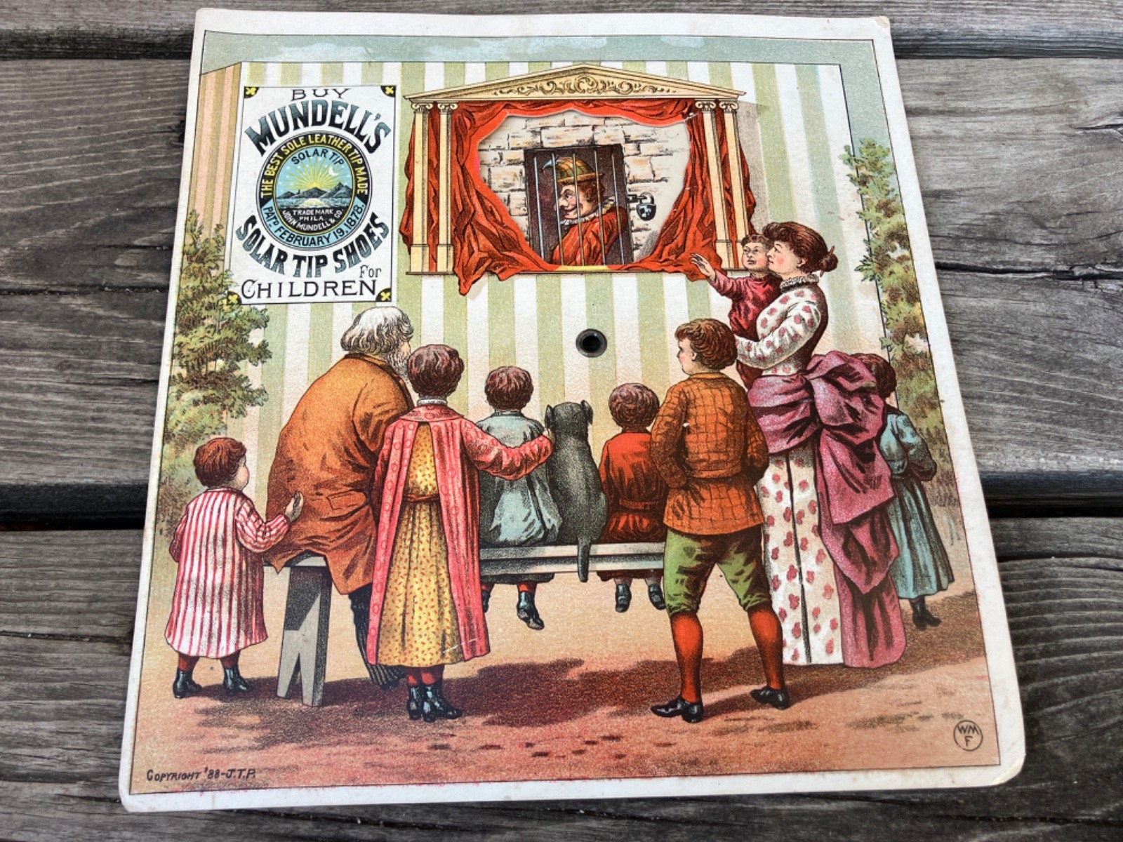 RARE MECHANICAL PUNCH AND JUDY ADV TRADE CARD MUNDELL’S SOLAR TIP SHOES C. 1888