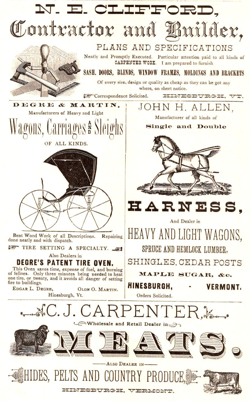 1882-83 MEATS Harness WAGONS CARRIAGES Contractor Builder Chittenden Co VT