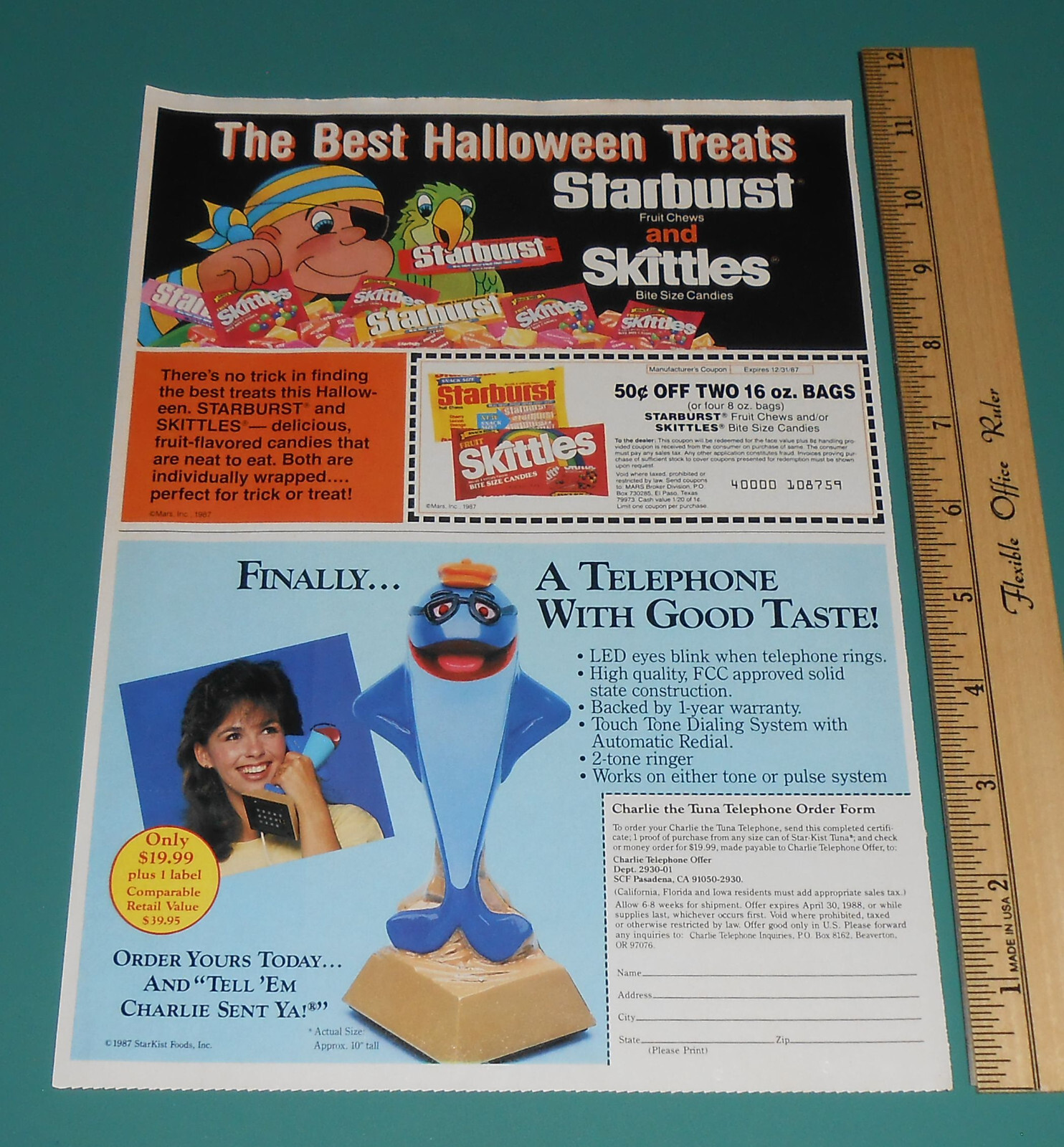 Vtg 1987 Halloween Starburst Skittles Candy Charlie Tuna Coupon Cir Print Ad