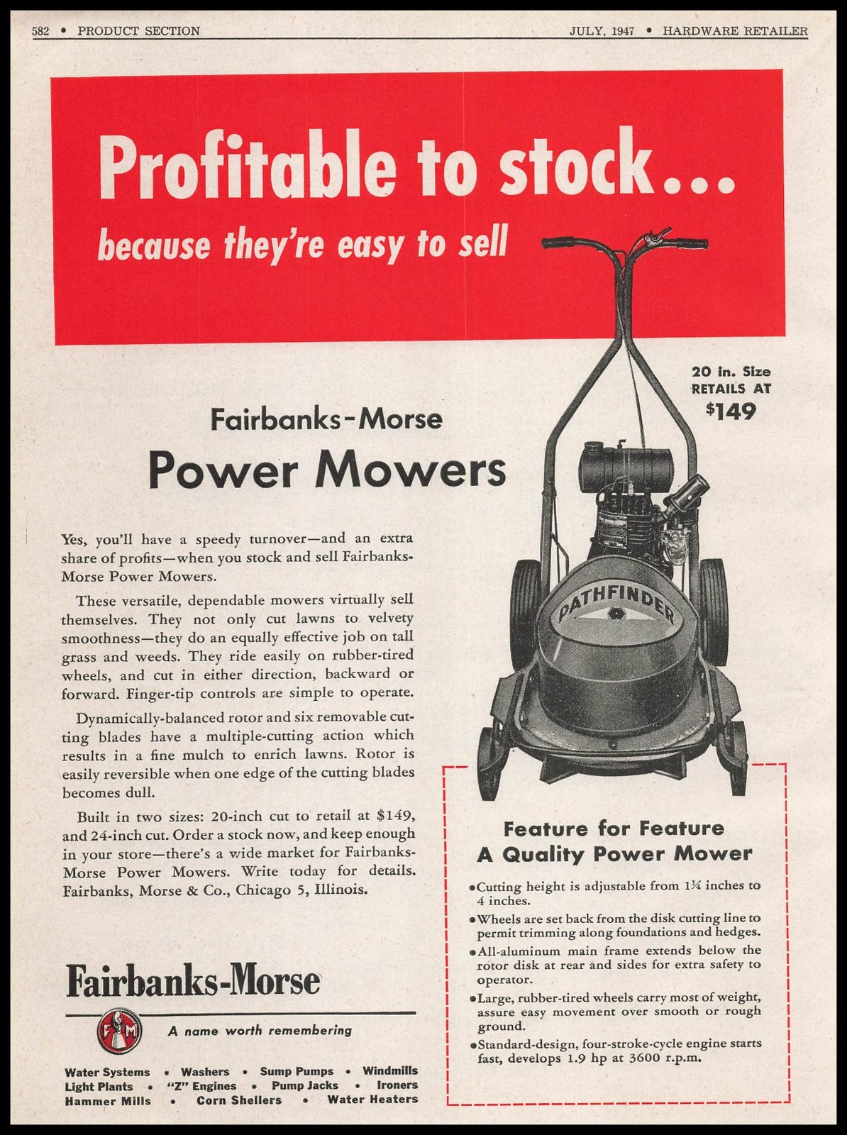 1947 Fairbanks Morse Power Lawn Mowers $149 20 Inch Model Vintage Print Ad