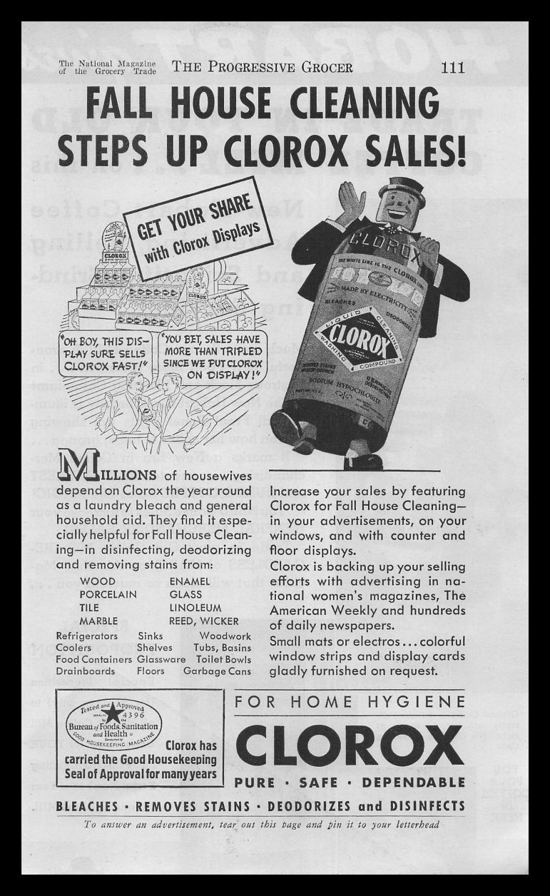 1933 Clorox Bottle Cartoon Man Grocery Store Displays Vintage Bleach Print Ad