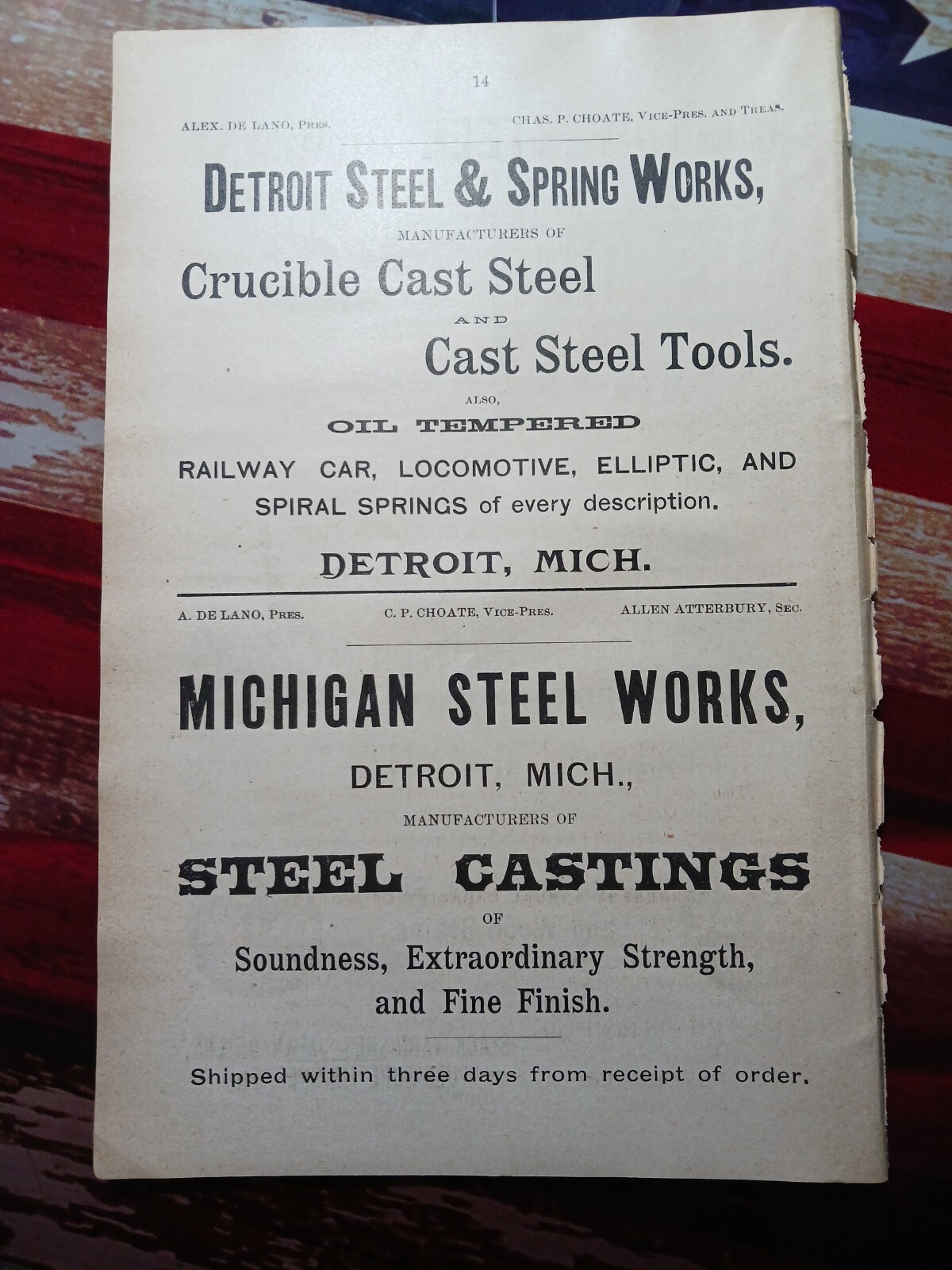 1889 Print Ad ~ 2 Railroad Ads MICHIGAN STEEL WORKS Detroit Steel & Spring Works