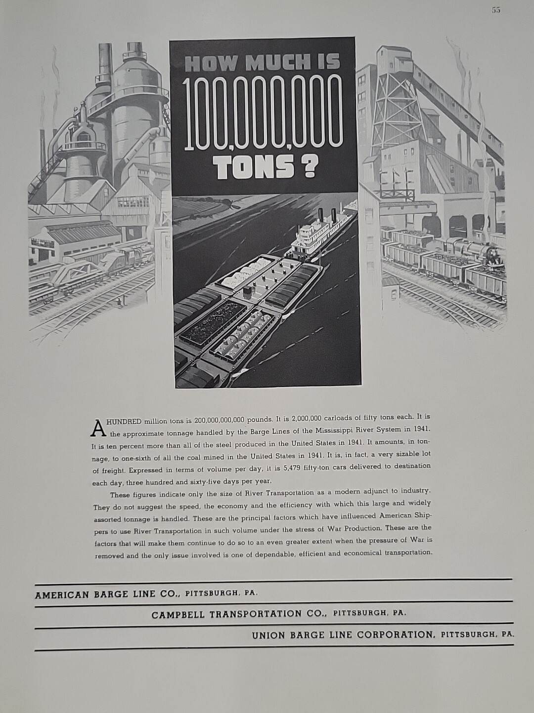 1942 American Barge Lines Fortune WW2 Print Ad Q3 Campbell Union Factories River