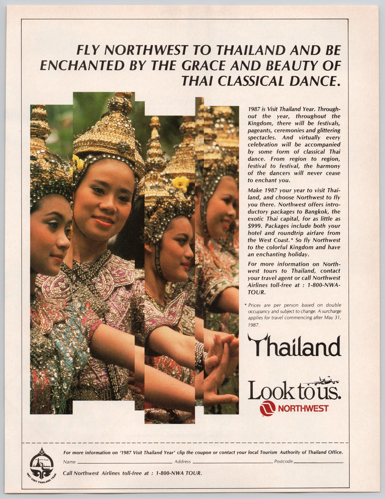 Thailand Northwest Airlines Thai Dance Beauty Visit 1987 Vintage Print Ad