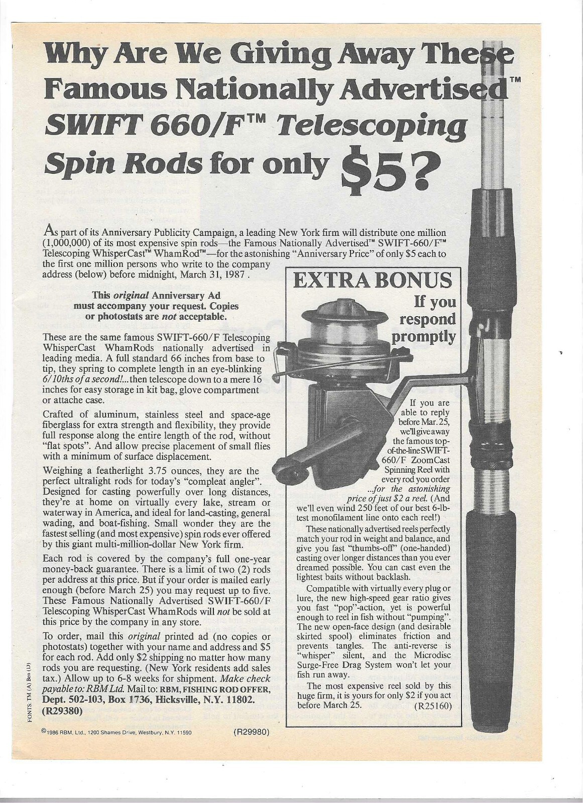 1987 RBM Swift 660 F Telescoping WhisperCast Wham Fishing Rod Vintage Print Ad