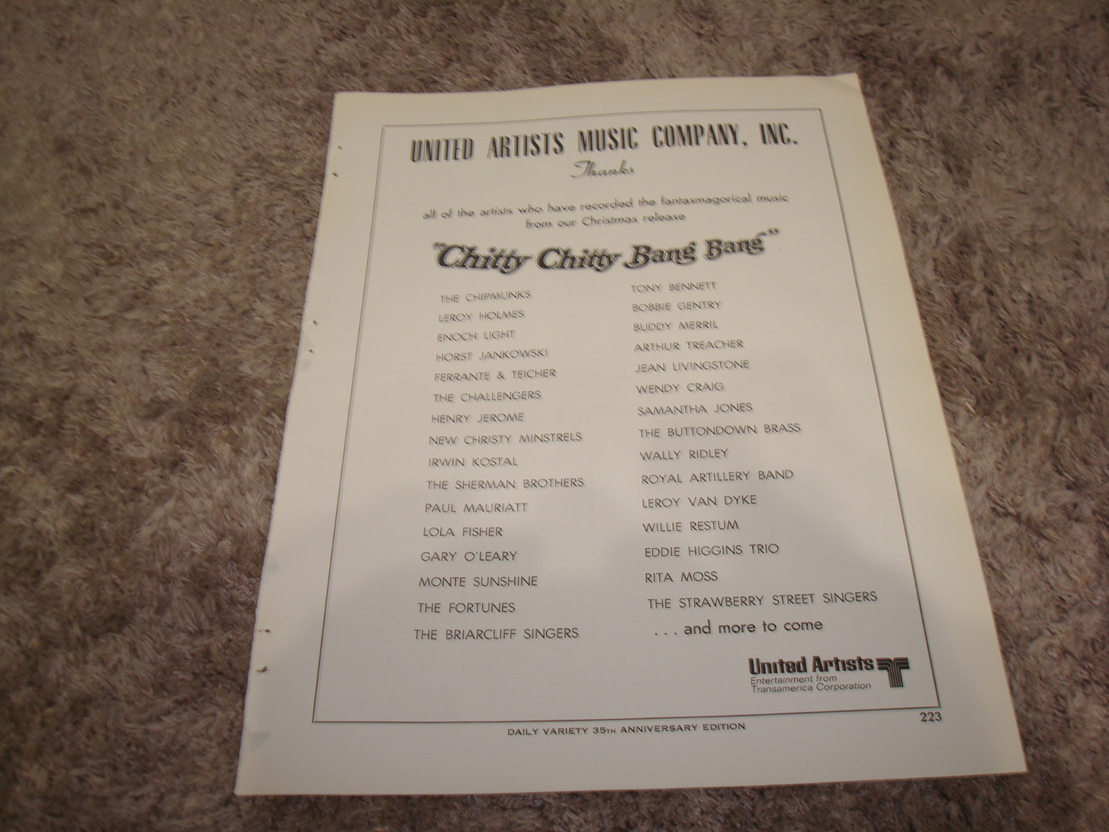 CHITTY CHITTY BANG BANG 1967 UA ad Chipmunks, Tony Bennett, Bobbie Gentry,