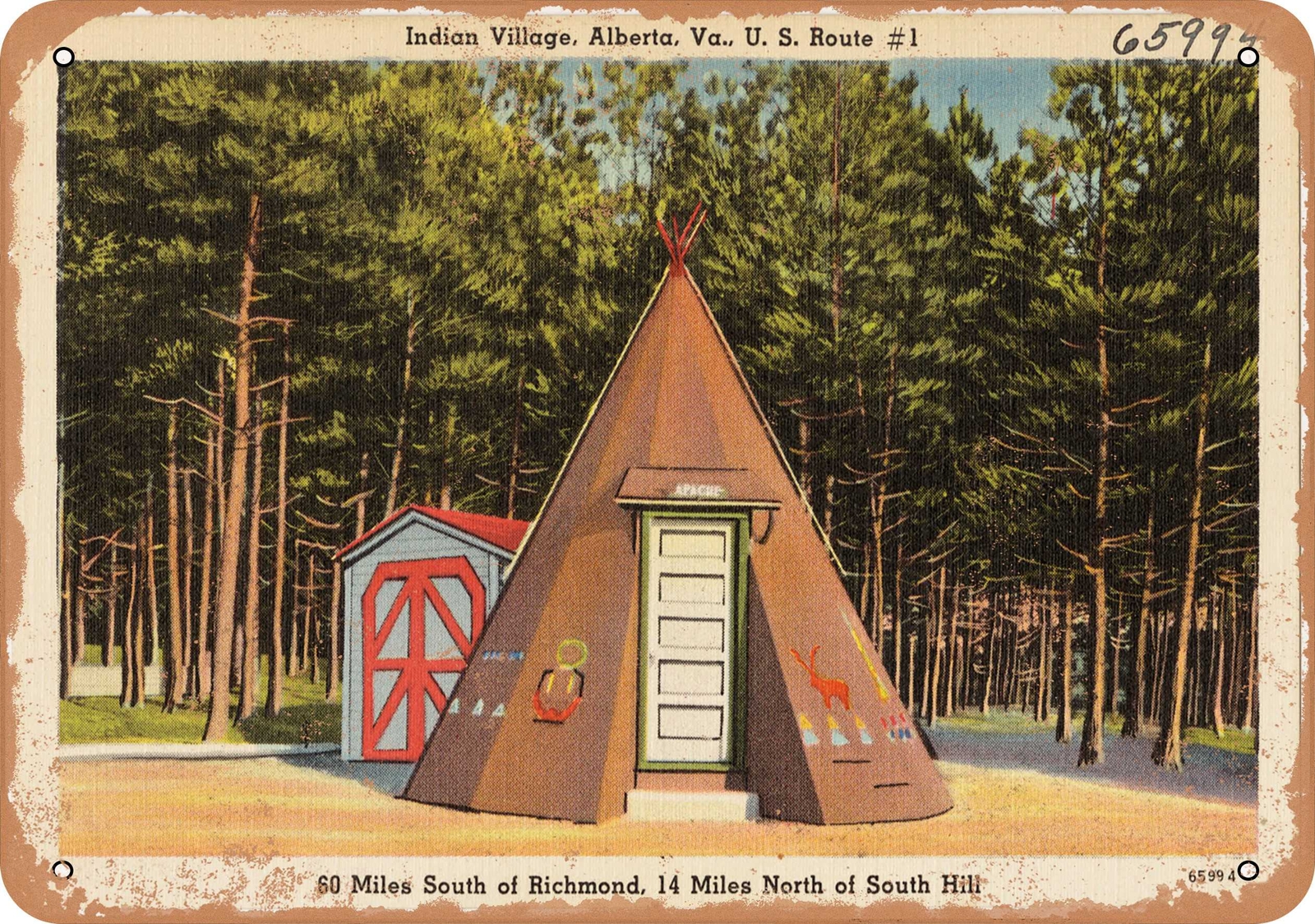 Metal Sign – Virginia Postcard – Indian Village, Alberta, Va., U.S. Route #1, 6