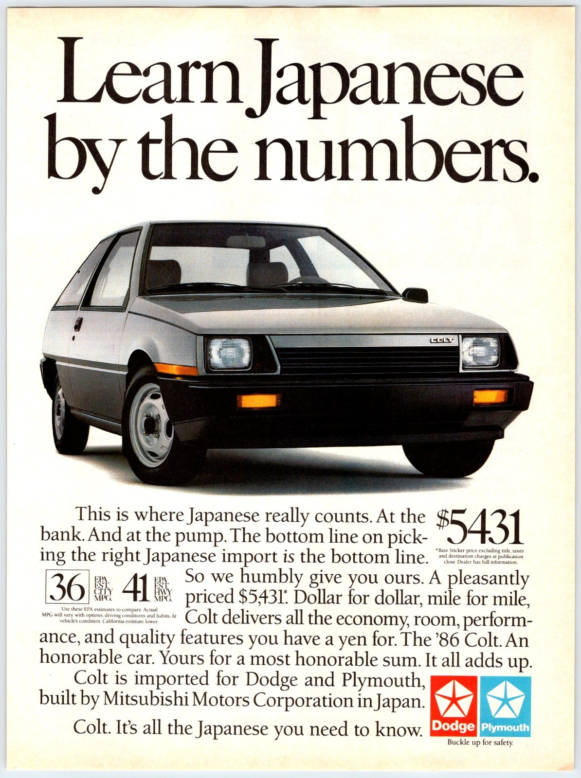 1985 DODGE / PLYMOUTH COLT CAR AUTOMOBILE Vintage 8″X11″ Magazine Ad 1980’s JUN4