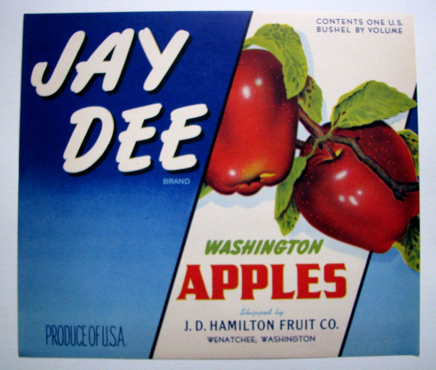 Original JAY DEE apple crate label J.D. Hamilton Wenatchee Washington
