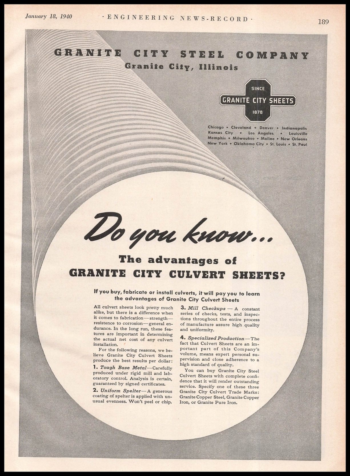 1940 Granite City Steel Company Illinois Culvert Sheets Vintage Print Ad