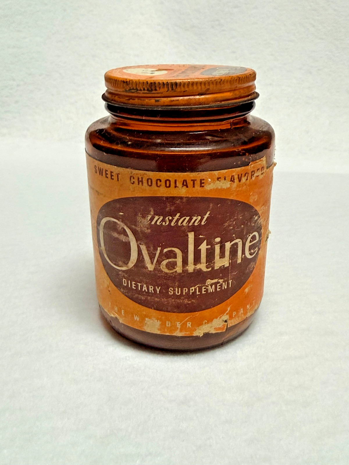 VINTAGE INSTANT OVALTINE DIETARY SUPPLEMENT AMBER GLASS JAR – 6 oz – EMPTY