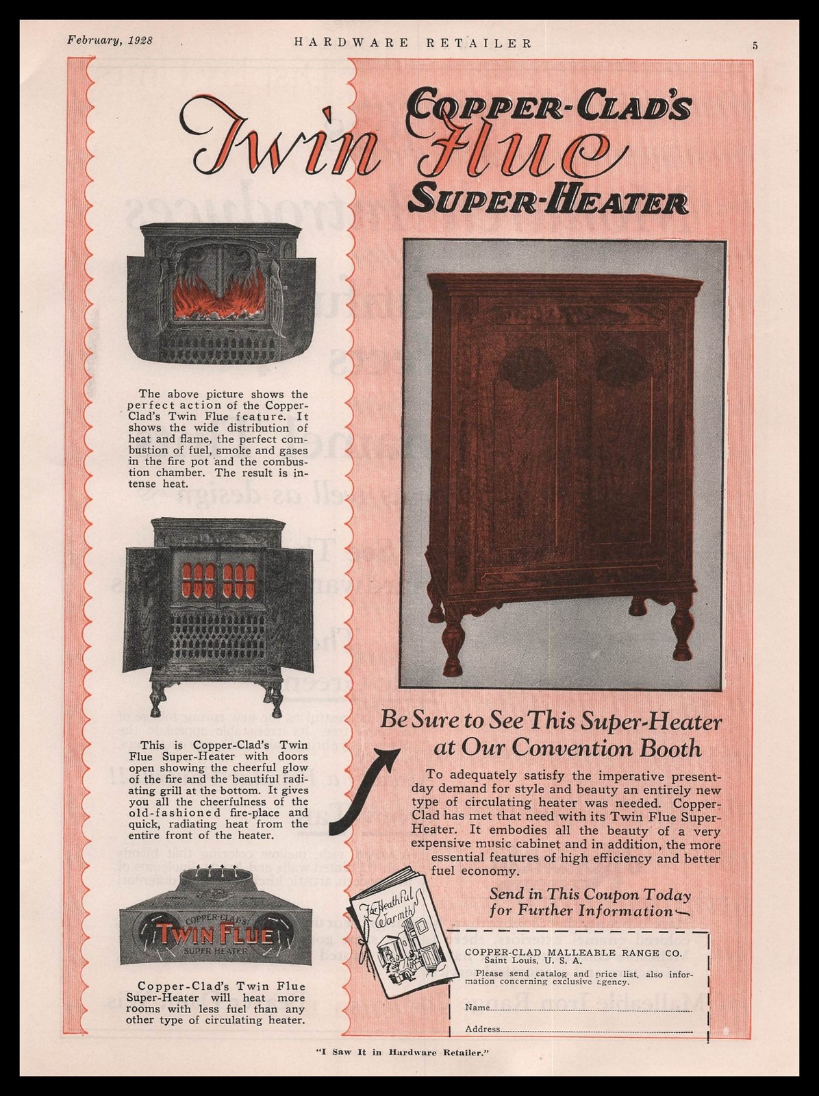 1927 Copper Clad Malleable Range St Louis TwinFuel Super Heater Vintage Print Ad