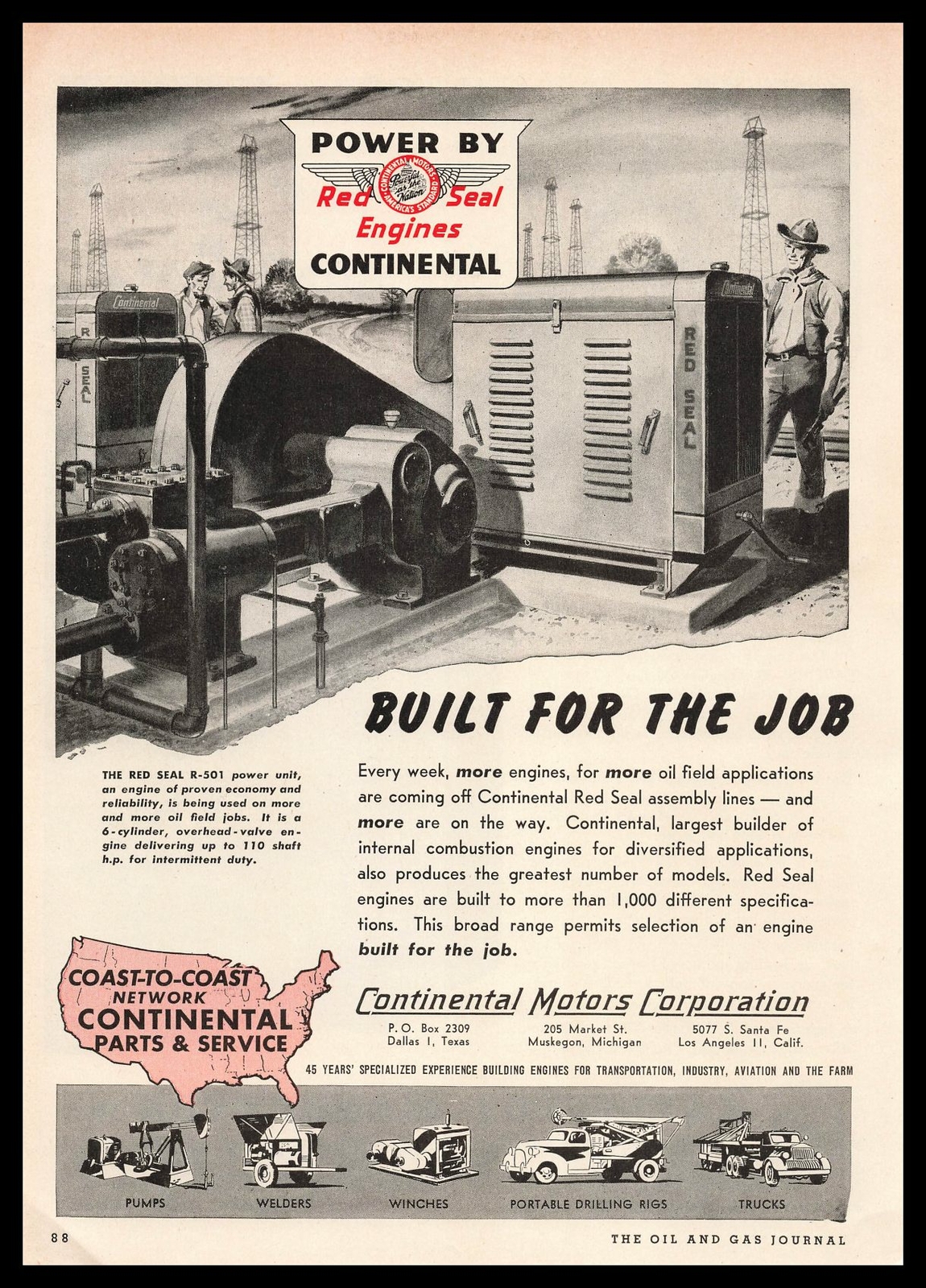 1947 Continental Motors Dallas Texas Red Seal R-501 Power Oil Well Pump Print Ad