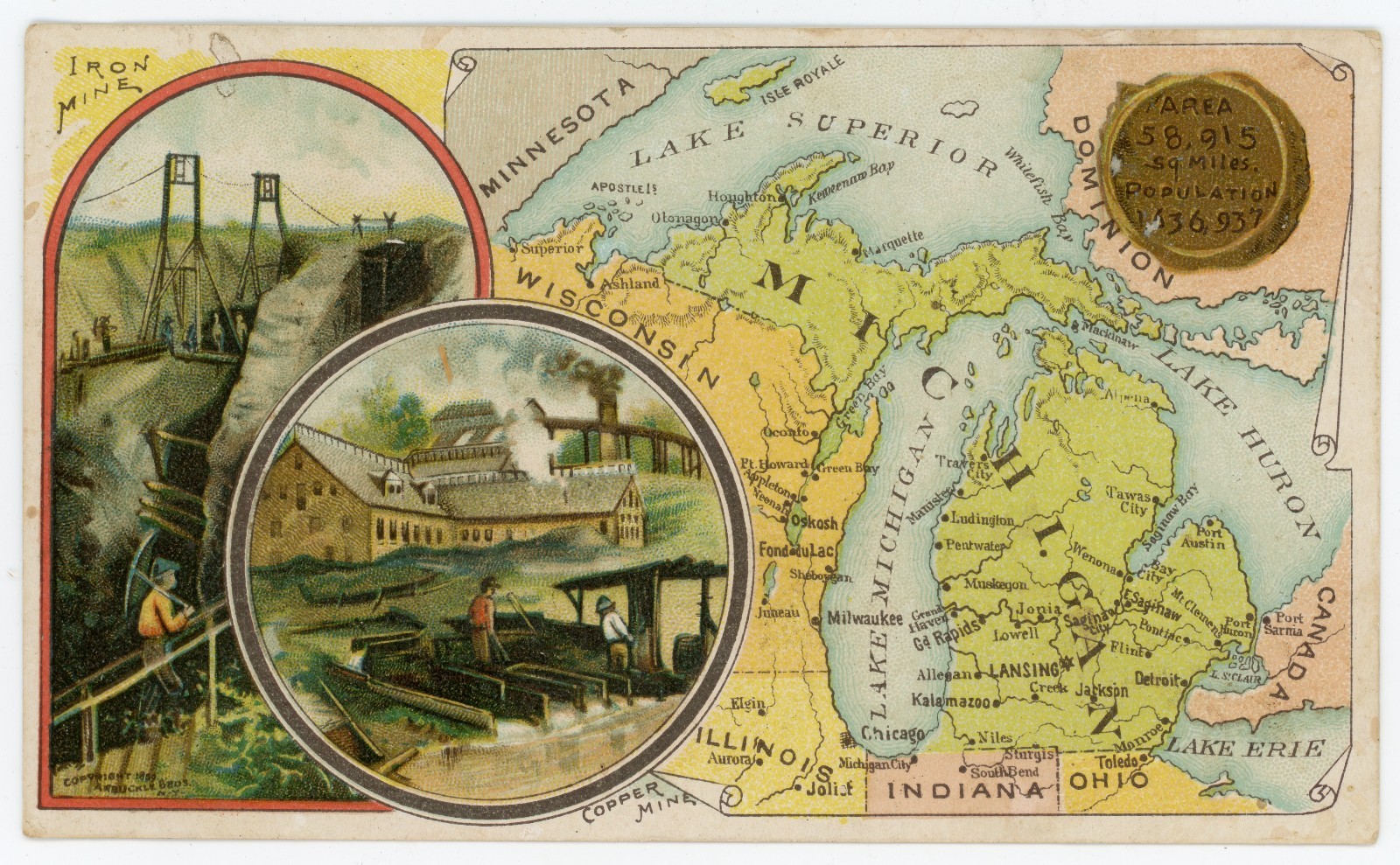 Antique 1889 Arbuckle Coffee Michigan State Map Victorian Trade Card