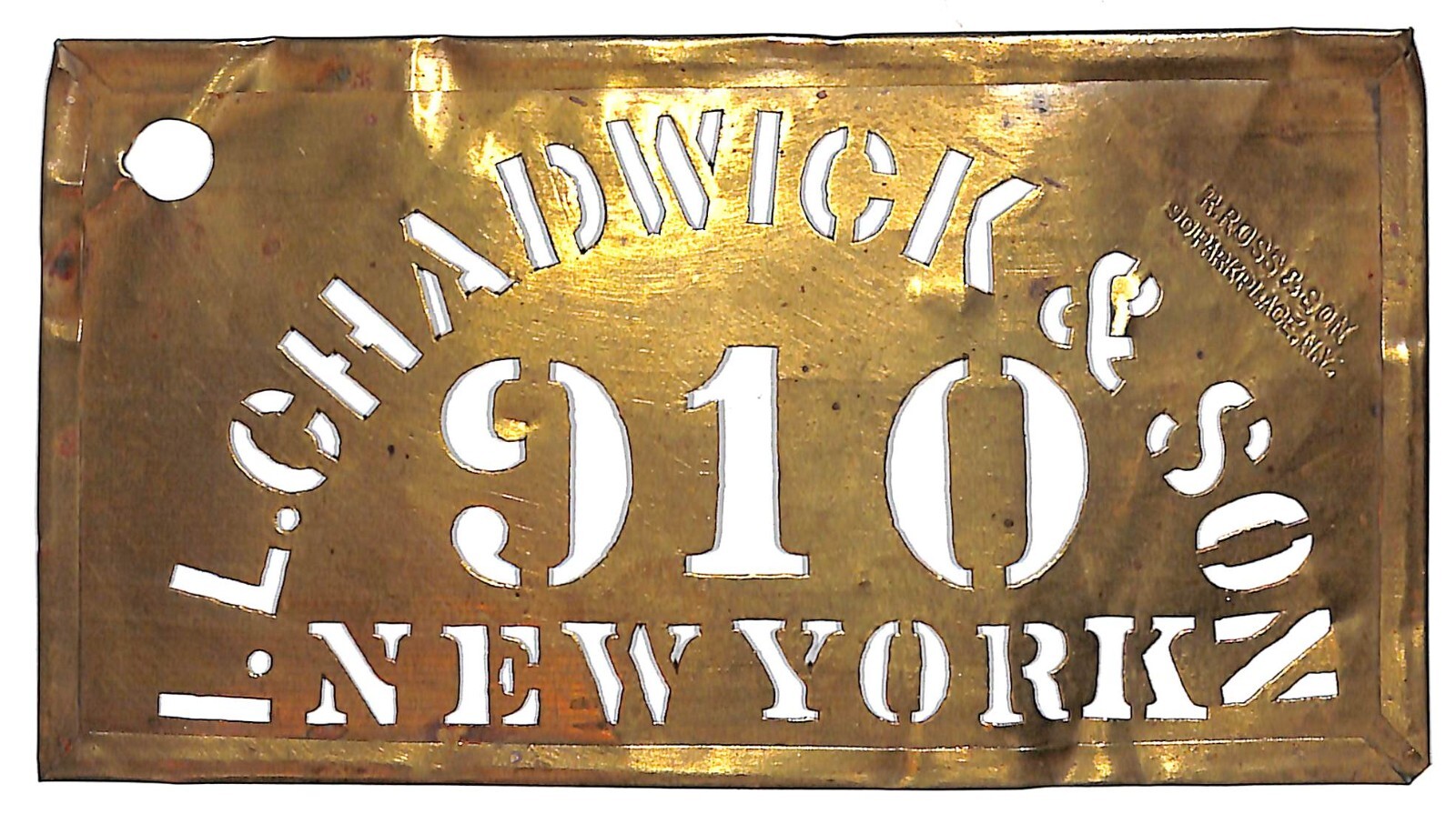 I.L. Chadwick & Son New York Brass Stencil Crate c1880’s-1900 3 1/4″ x 6 1/8″