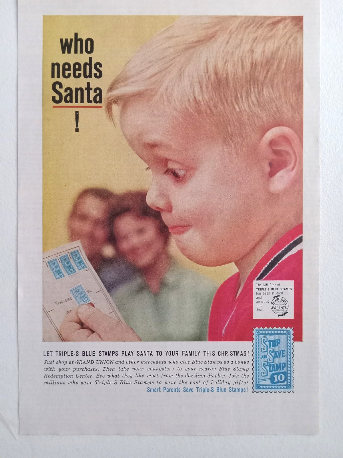 1960 Triple-S Blue Stamps Print Ad Grand Union Grocery Market “Who Needs Santa!”