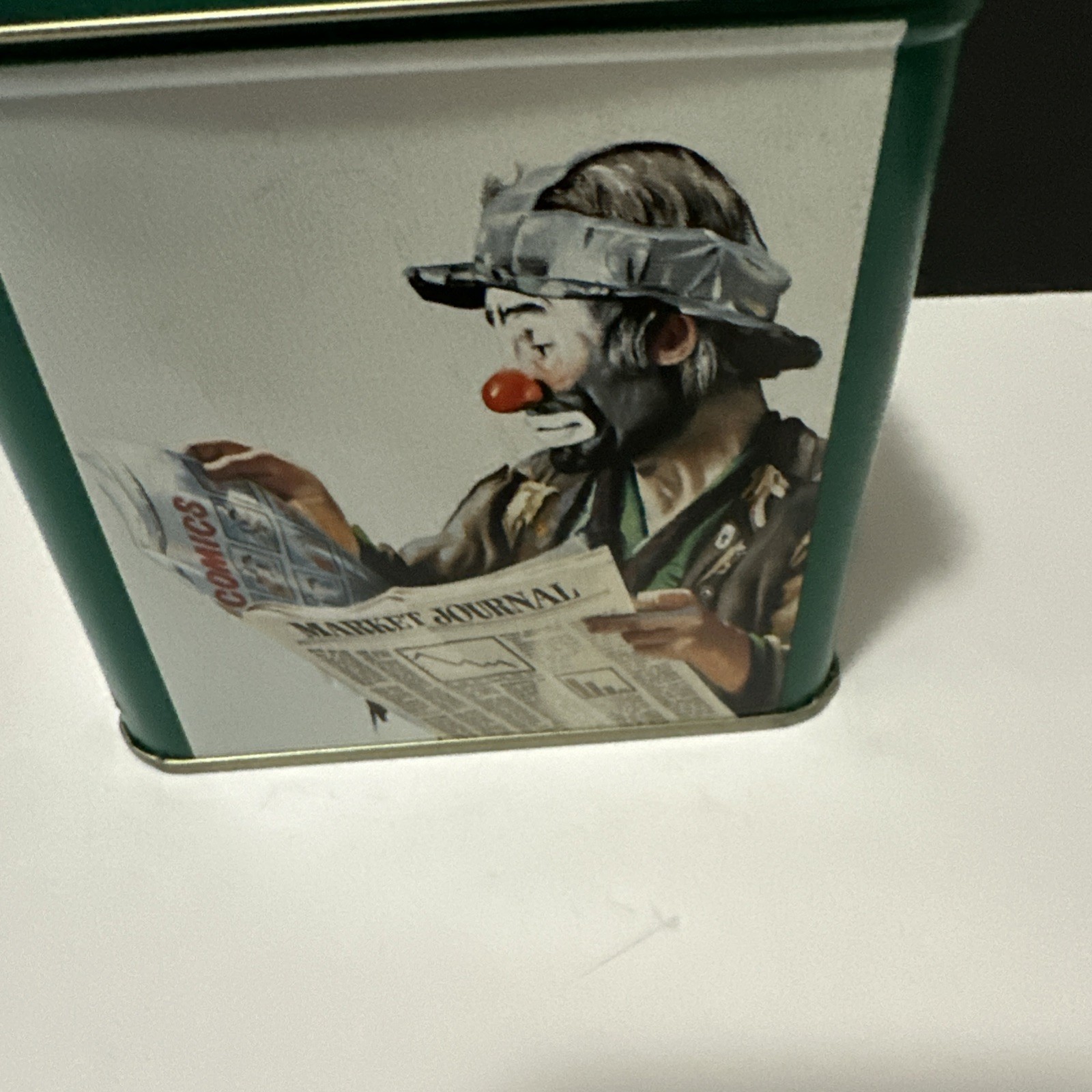 Emmett Kelly Vintage Collectable Clown Tin Can Rectangle Green 1996 Vintage