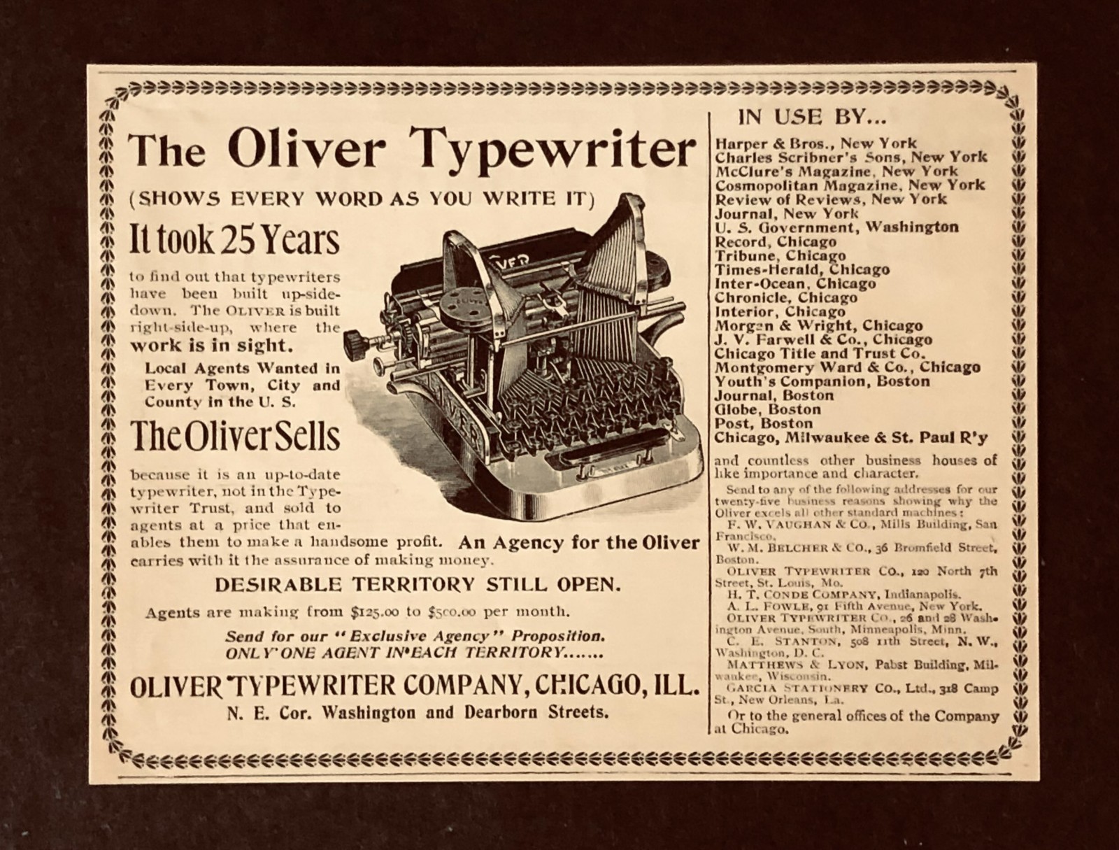 1898 Oliver Typewriter Advertisement Shows Every Word Agents Antique Print AD