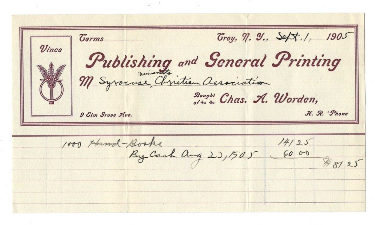 1905 Advertising Invoice Charles Worden Publishing Printing Troy NY Syracuse Unv