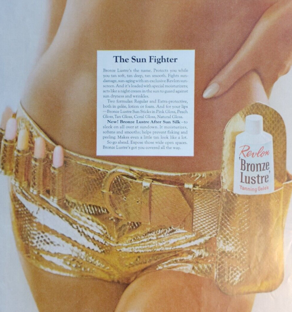 Vintage Retro Ad Revlon Bronze Luster Tanning Gelee Sun Fighter Protects 60’s