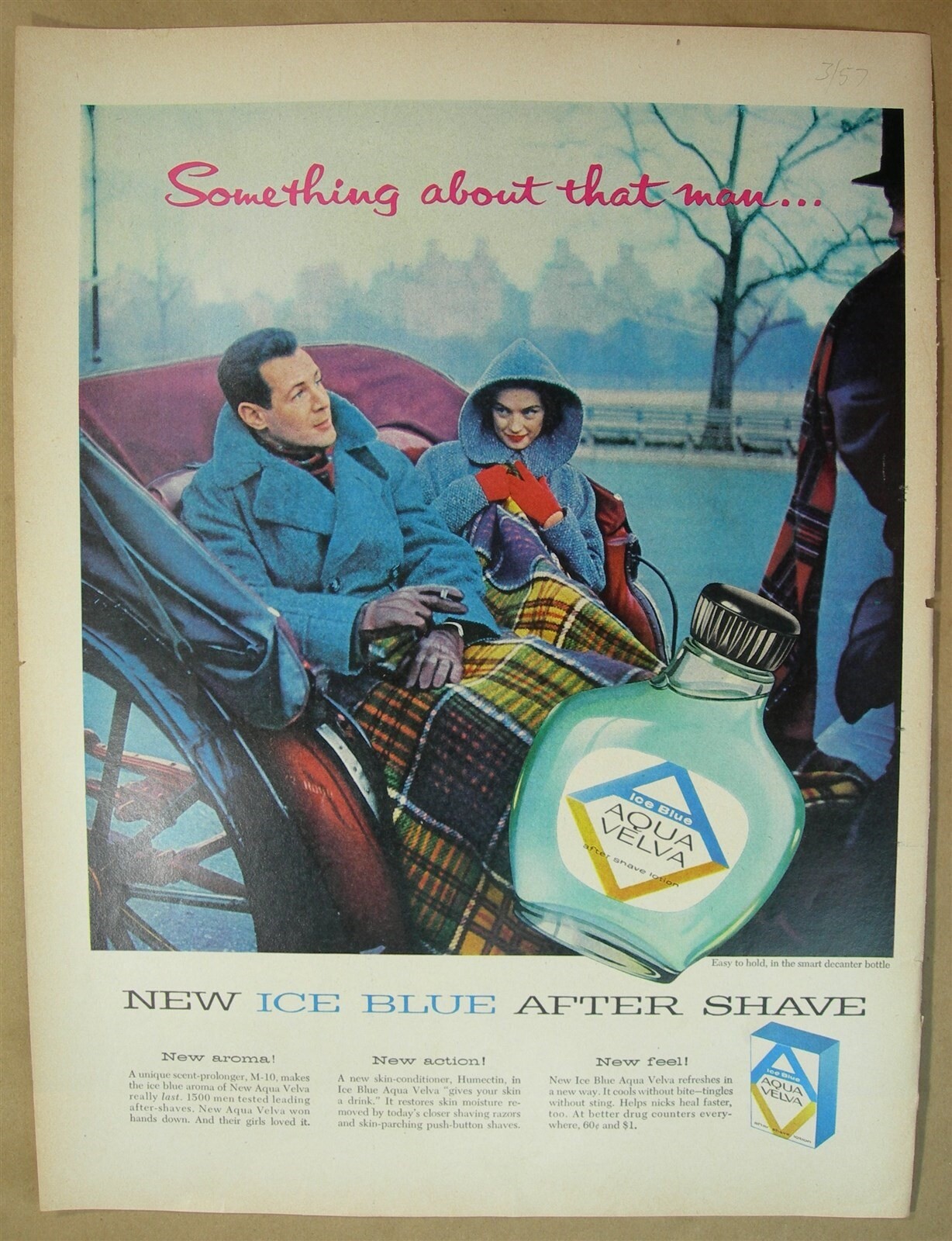 1957 Big ad- Aqua Velva lotion new Ice Blue After Shave horse drawn carriage