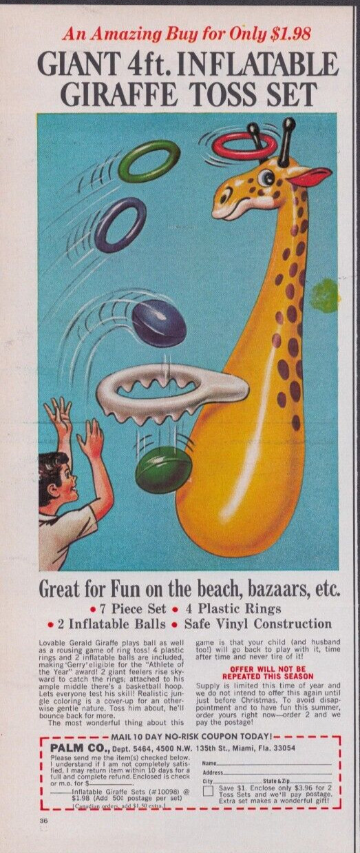 1971 Print Ad Palm Co Giant 4 ft Inflatable Giraffe Toss Kit Toy Fun Beach Vinyl