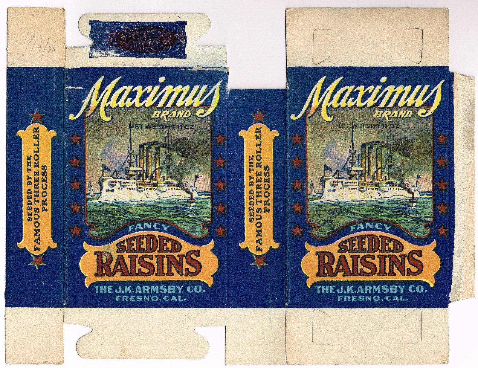 ORIGINAL ADVERTISING BOX RAISINS WHITE FLEET NAVY SHIP NAUTICAL FRESNO C1920