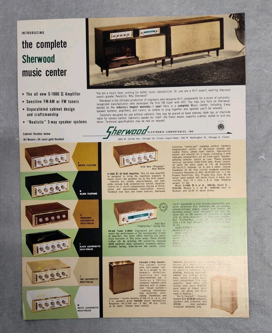 Advertising 1960s Sherwood Electronics Amplifier Stereo Vtg Speaker Flyer Ad MCM