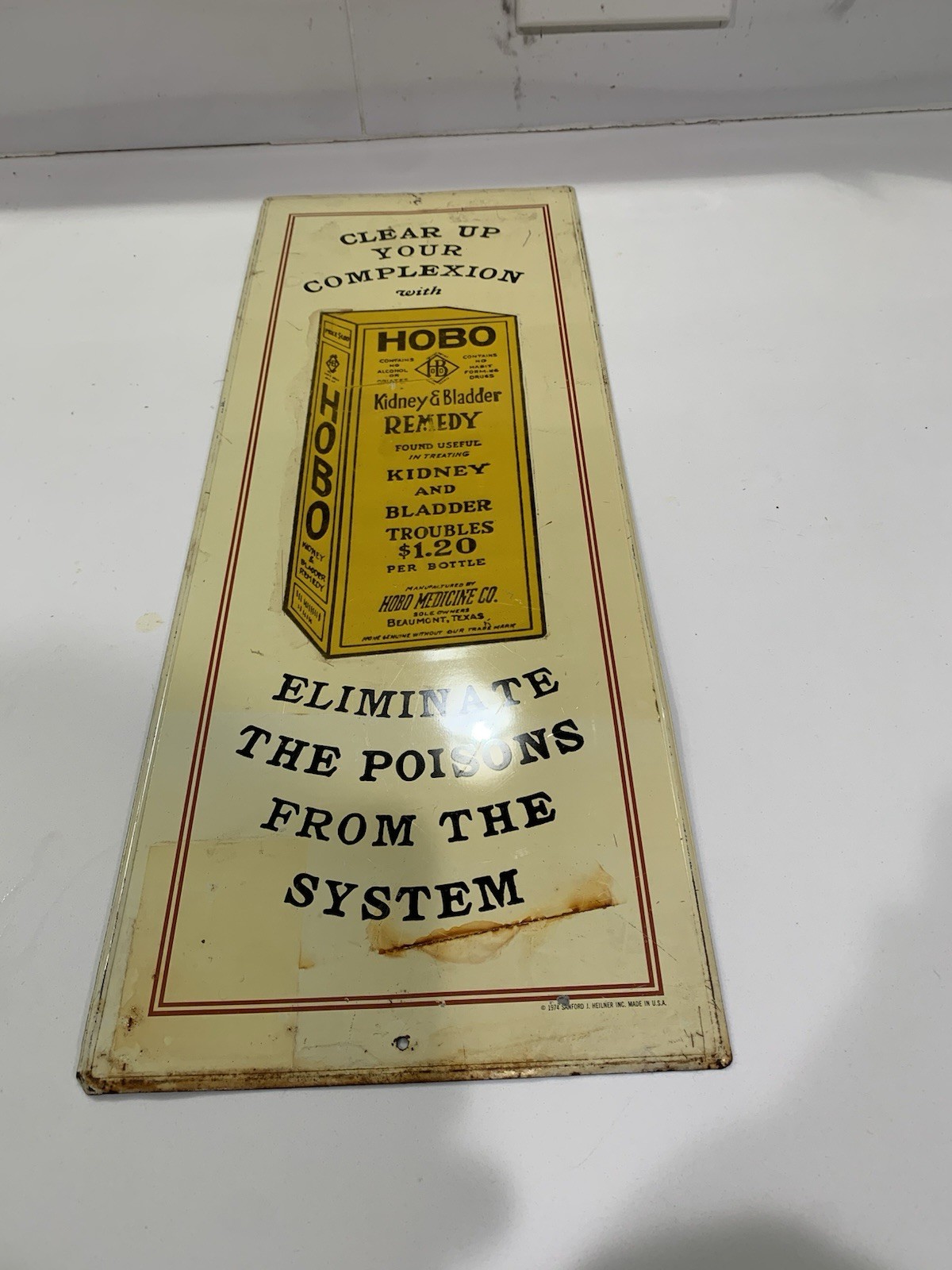 Vintage Metal Tin Advertising Sign Hobo Kidney & Bladder Remedy Made In USA 1974