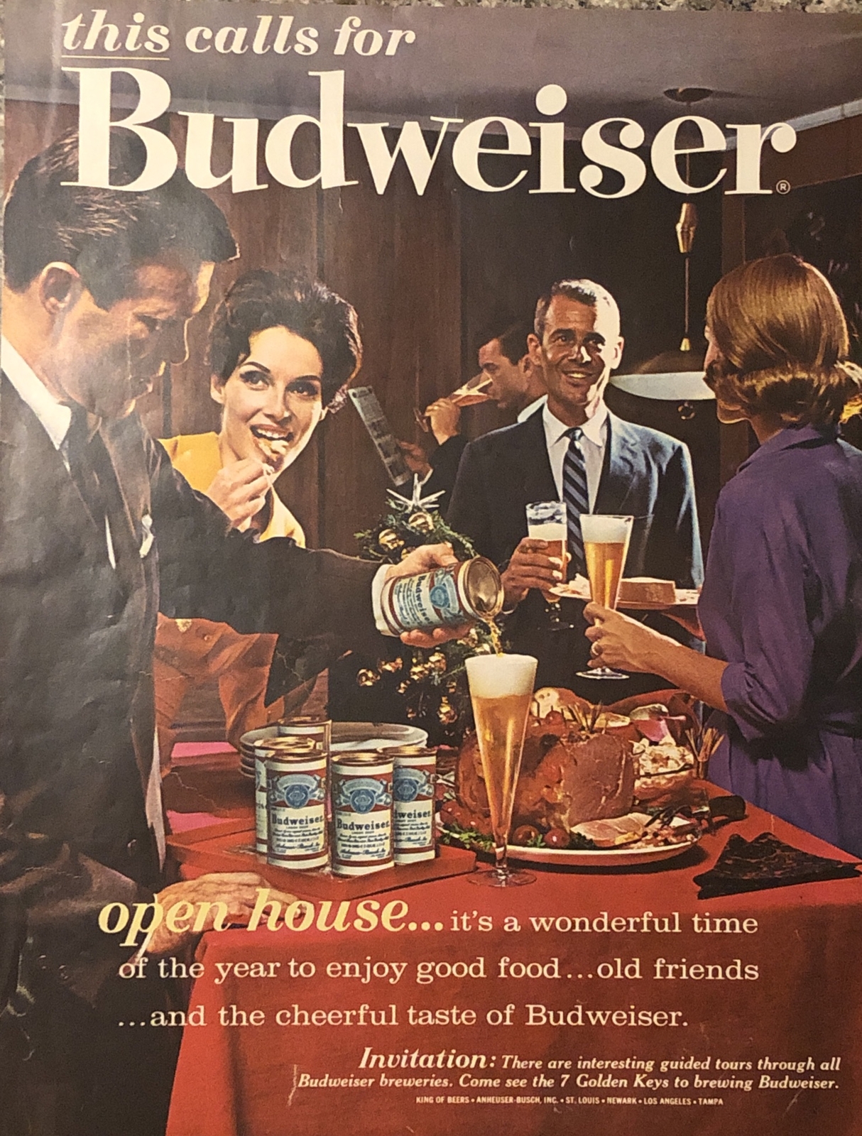 1962 Budweiser Beer Christmas Party PRINT AD Friends – Calls For Bud VTG 1960s