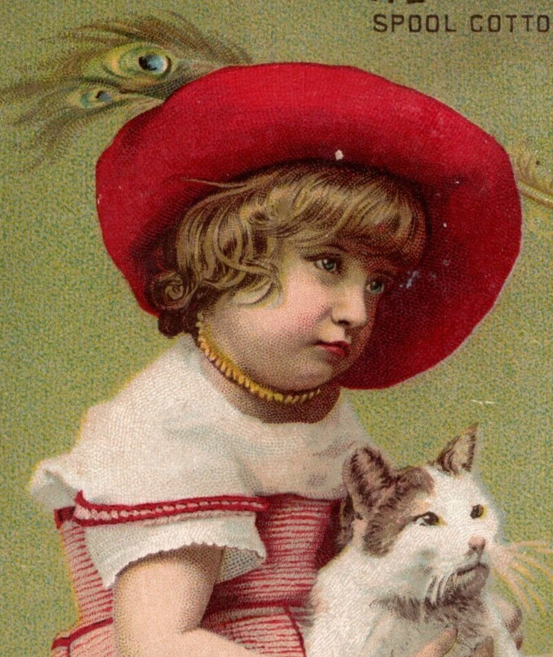 1887 Clark’s Mile-End Spool Cotton Cute Girl & Sweet Cat Peacock Feathers F92