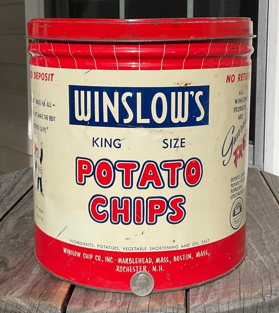 RARE Vtg Advertising Winslows King Size Tin Potato Chip Can & Lid 1Lb 8oz 10.5″H