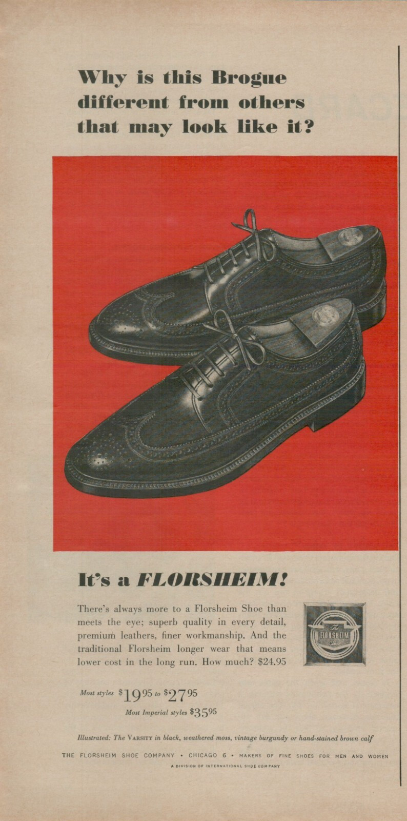 1965 Florsheim Brogue Men’s Dress Shoe Superb Quality Leather VINTAGE PRINT AD
