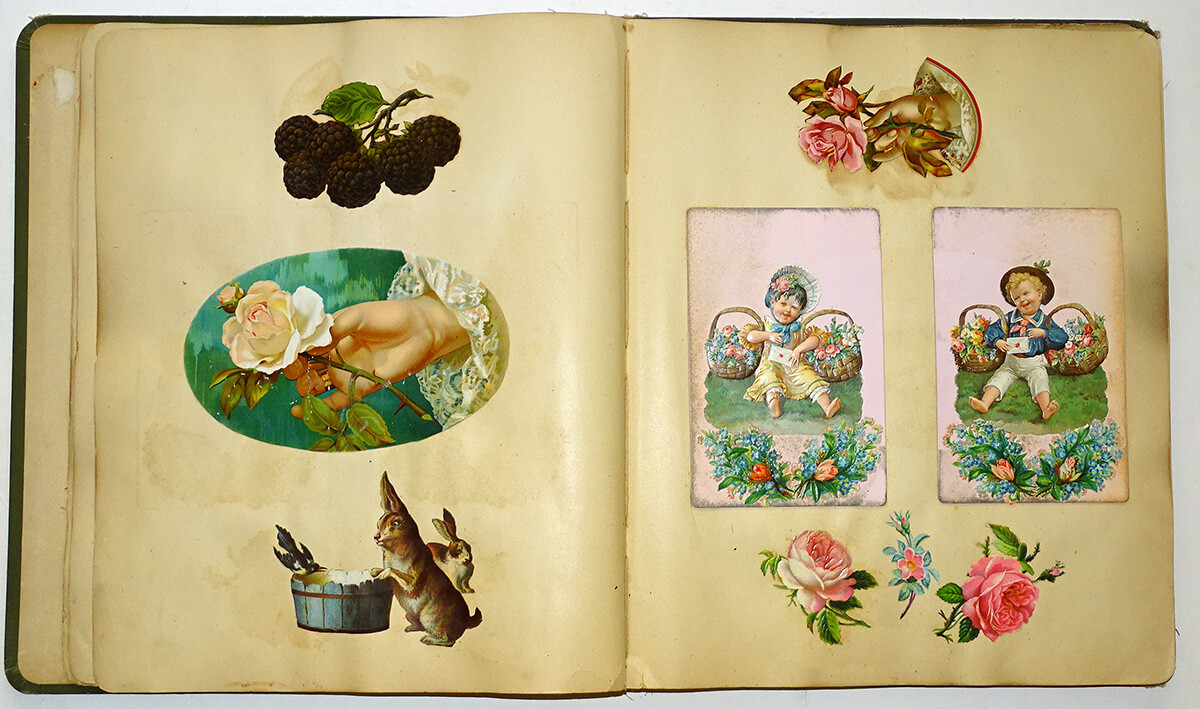 Antique VICTORIAN SCRAPBOOK Die Cut TRADE CARD Scraps CIGAR BOX LABELS /59 Pages