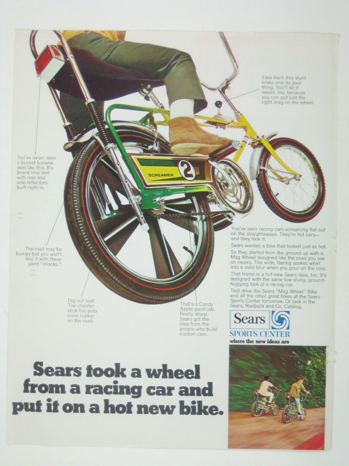 Sears Screamer 2 Candy Apple Paint Bicycle Vintage Racing Bike Print Ad 1960s