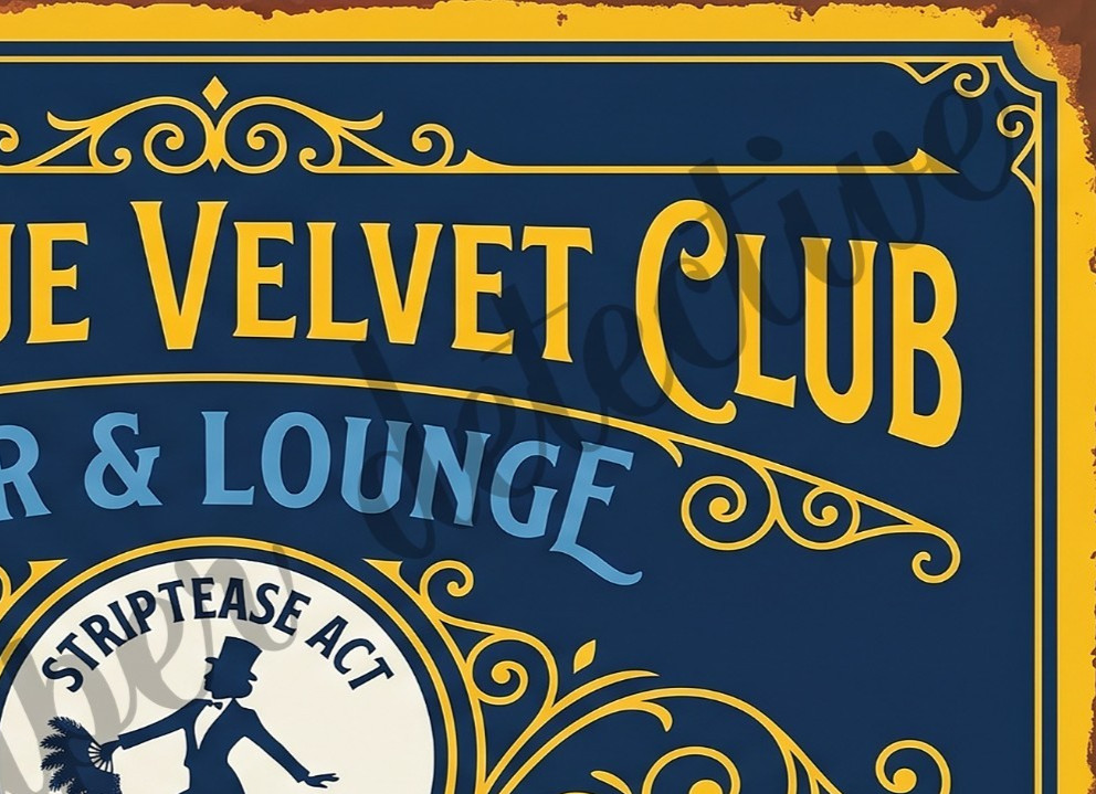 Vintage Advertising Sign Print Blue Velvet Bar Retro 1940s, 5″ x 7″ Accent Print